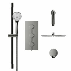 Colore Round Gunmetal Grey Concealed Triple Thermostatic Shower Valve Including 300mm Fixed Shower Head With Wall Arm And Slide Rail Kit - 2 Outlet 9 Colore Round Gunmetal Grey Concealed Triple Thermostatic Shower Valve Including 300mm Fixed Shower Head With Wall Arm And Slide Rail Kit - 2 Outlet -Wholesaledomestic Shop colore round gunmetal grey concealed triple thermostatic shower valve including 300mm fixed shower head with wall arm and slide rail kit front 34319.1672833236