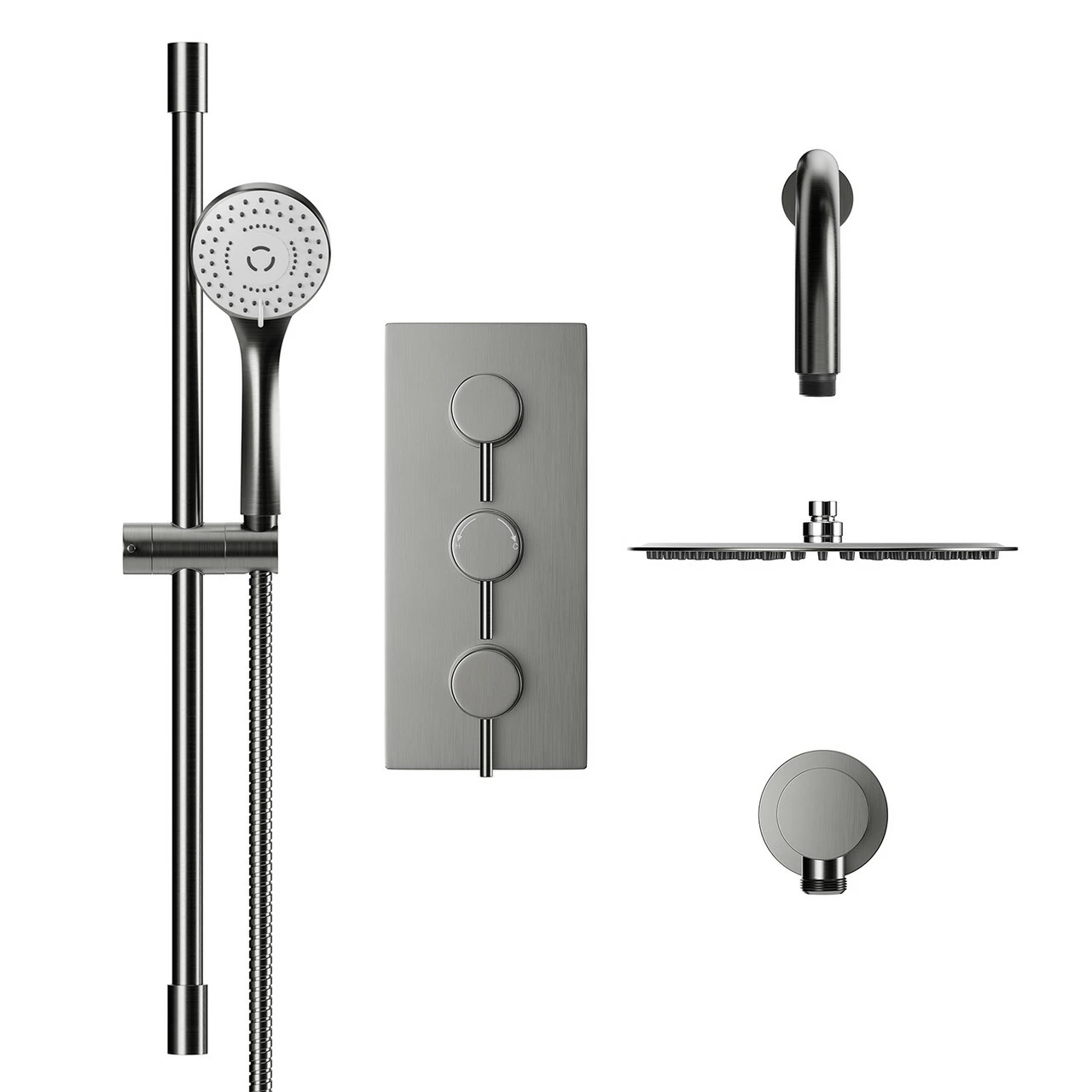 Colore Round Gunmetal Grey Concealed Triple Thermostatic Shower Valve Including 300mm Fixed Shower Head With Wall Arm And Slide Rail Kit - 2 Outlet 4 Colore Round Gunmetal Grey Concealed Triple Thermostatic Shower Valve Including 300mm Fixed Shower Head With Wall Arm And Slide Rail Kit - 2 Outlet - Image 2