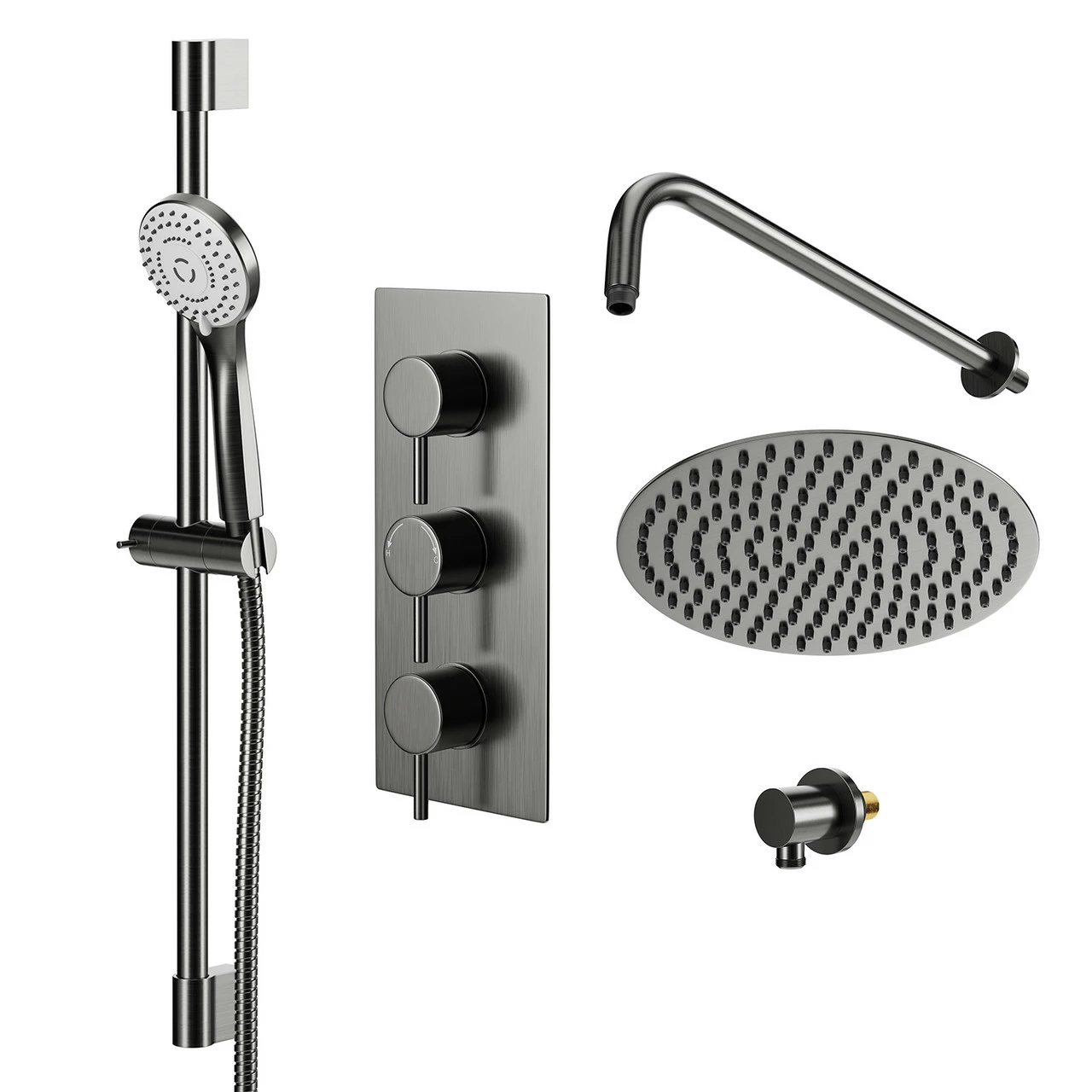 Colore Round Gunmetal Grey Concealed Triple Thermostatic Shower Valve Including 300mm Fixed Shower Head With Wall Arm And Slide Rail Kit - 2 Outlet 3 Colore Round Gunmetal Grey Concealed Triple Thermostatic Shower Valve Including 300mm Fixed Shower Head With Wall Arm And Slide Rail Kit - 2 Outlet