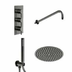 Colore Round Gunmetal Grey Concealed Triple Thermostatic Valve Mixer Shower Including 300mm Fixed Shower Head With Wall Arm And Shower Outlet Holder With Kit - 2 Outlet 10 Colore Round Gunmetal Grey Concealed Triple Thermostatic Valve Mixer Shower Including 300mm Fixed Shower Head With Wall Arm And Shower Outlet Holder With Kit - 2 Outlet -Wholesaledomestic Shop colore round gunmetal grey concealed triple thermostatic valve mixer shower including 300mm fixed shower head with wall arm and shower outlet holder with kit left 49187.1672833238