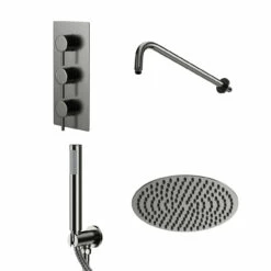Colore Round Gunmetal Grey Concealed Triple Thermostatic Valve Mixer Shower Including 300mm Fixed Shower Head With Wall Arm And Shower Outlet Holder With Kit - 2 Outlet
