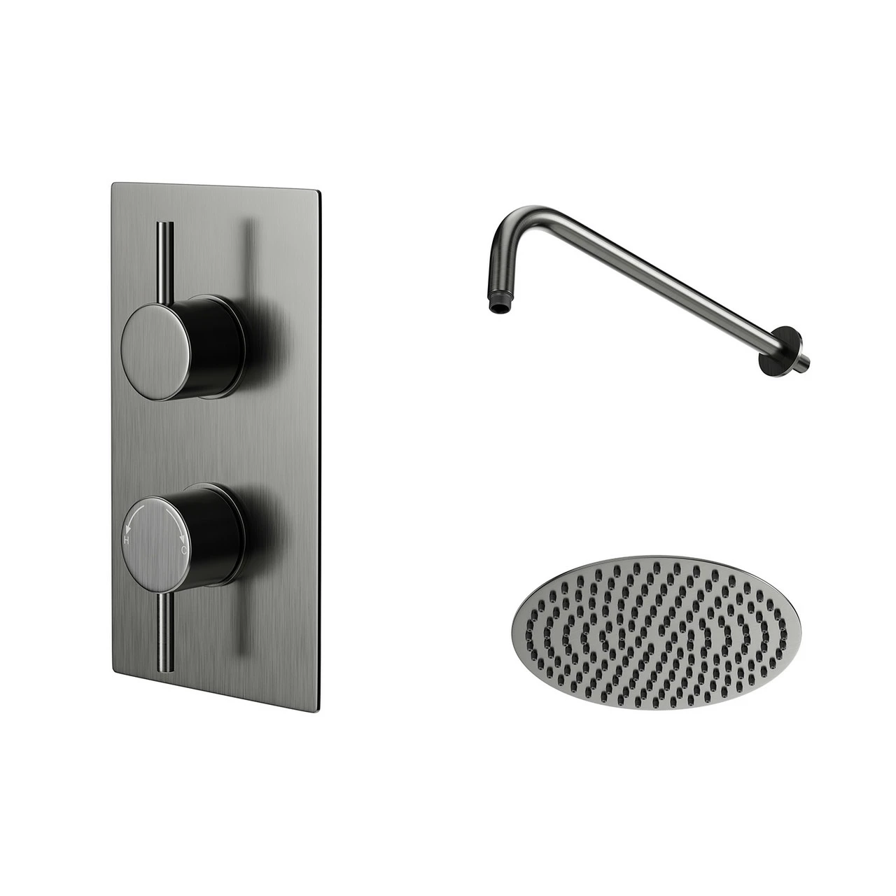 Colore Round Gunmetal Grey Concealed Twin Thermostatic Valve Mixer Shower Including 300mm Fixed Shower Head And Wall Arm - 1 Outlet 3 Colore Round Gunmetal Grey Concealed Twin Thermostatic Valve Mixer Shower Including 300mm Fixed Shower Head And Wall Arm - 1 Outlet