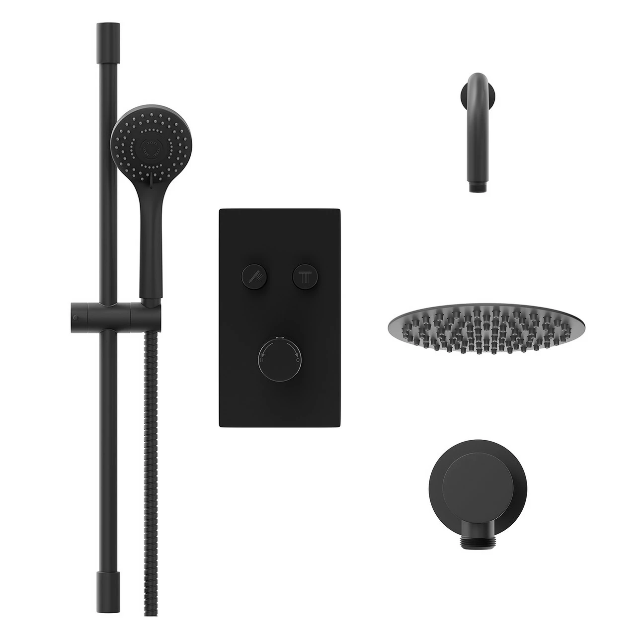 Colore Round Matt Black Concealed Push Button Twin Thermostatic Shower Valve Including 200mm Thin Round Fixed Shower Head With Wall Arm And Slide Rail Kit - 2 Outlet 4 Colore Round Matt Black Concealed Push Button Twin Thermostatic Shower Valve Including 200mm Thin Round Fixed Shower Head With Wall Arm And Slide Rail Kit - 2 Outlet - Image 2