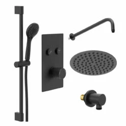 Colore Round Matt Black Concealed Push Button Twin Thermostatic Shower Valve Including 200mm Thin Round Fixed Shower Head With Wall Arm And Slide Rail Kit - 2 Outlet 10 Colore Round Matt Black Concealed Push Button Twin Thermostatic Shower Valve Including 200mm Thin Round Fixed Shower Head With Wall Arm And Slide Rail Kit - 2 Outlet -Wholesaledomestic Shop colore round matt black concealed push button twin thermostatic shower valve including 200mm thin round fixed shower head with wall arm and slide rail kit left 77788.1678114011