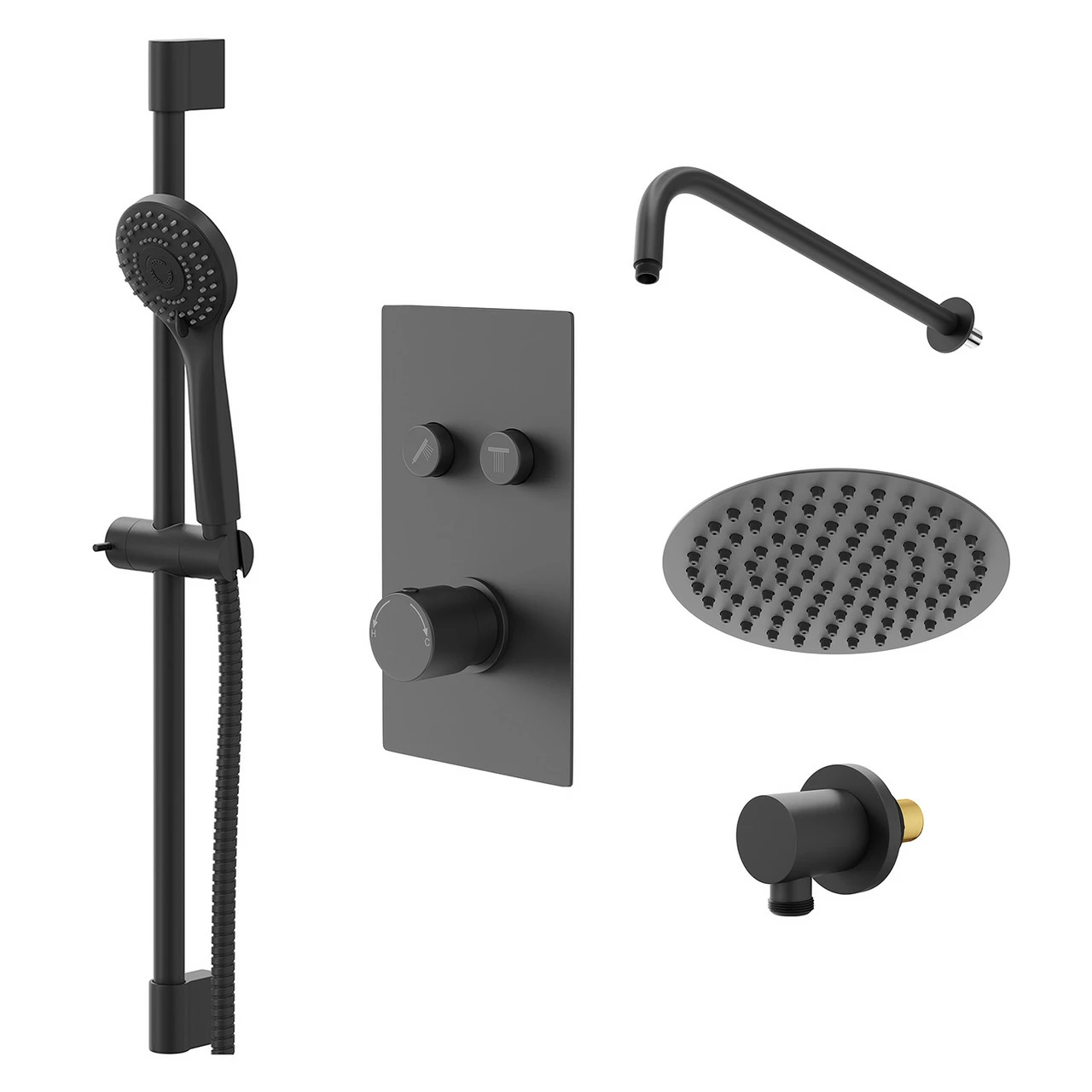Colore Round Matt Black Concealed Push Button Twin Thermostatic Shower Valve Including 200mm Thin Round Fixed Shower Head With Wall Arm And Slide Rail Kit - 2 Outlet 3 Colore Round Matt Black Concealed Push Button Twin Thermostatic Shower Valve Including 200mm Thin Round Fixed Shower Head With Wall Arm And Slide Rail Kit - 2 Outlet