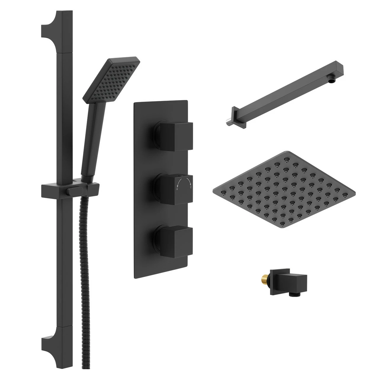Colore Square Matt Black Concealed Triple Thermostatic Shower Valve With Square Fixed Shower Head And Square Slide Rail Kit - 2 Outlet 5 Colore Square Matt Black Concealed Triple Thermostatic Shower Valve With Square Fixed Shower Head And Square Slide Rail Kit - 2 Outlet - Image 3