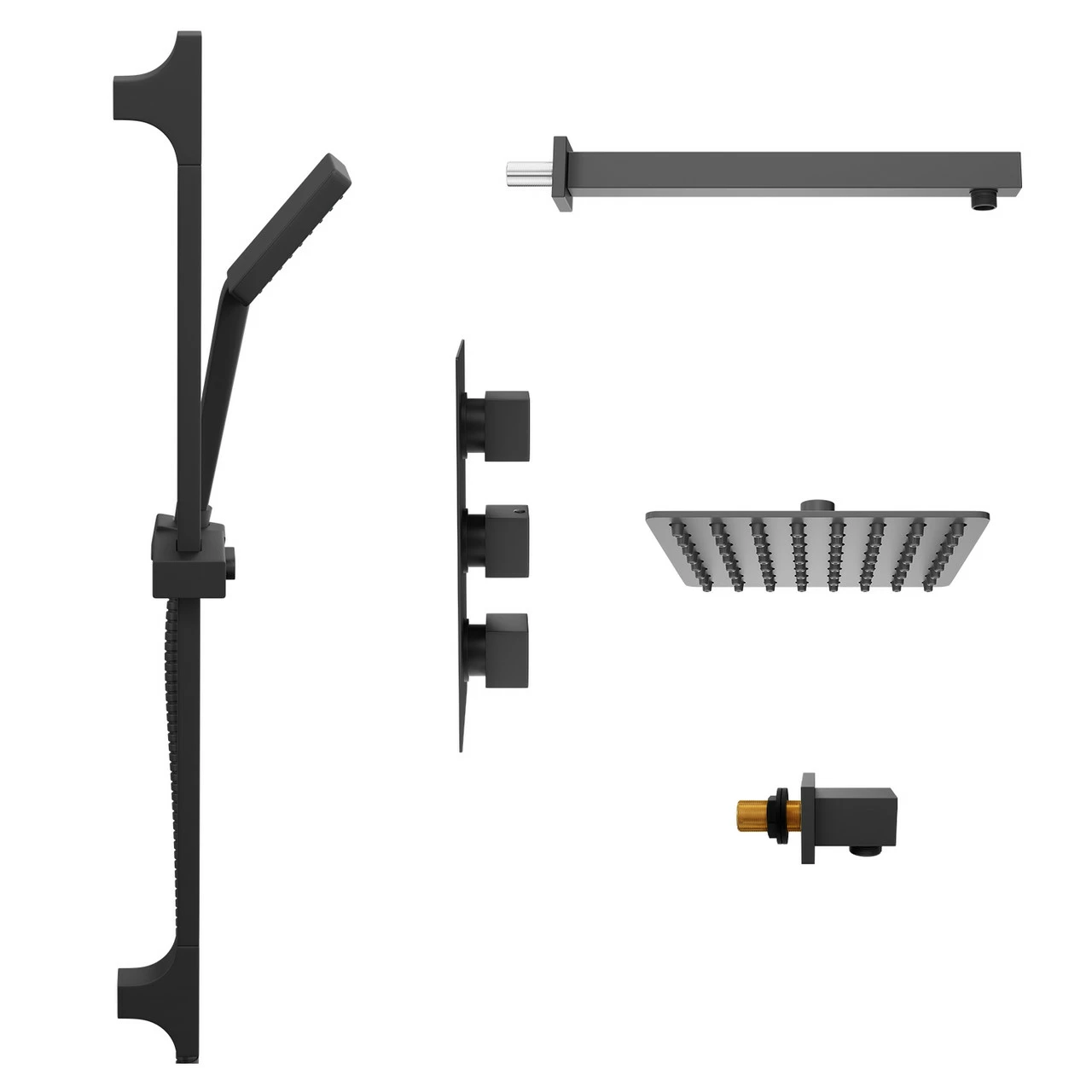 Colore Square Matt Black Concealed Triple Thermostatic Shower Valve With Square Fixed Shower Head And Square Slide Rail Kit - 2 Outlet 6 Colore Square Matt Black Concealed Triple Thermostatic Shower Valve With Square Fixed Shower Head And Square Slide Rail Kit - 2 Outlet - Image 4