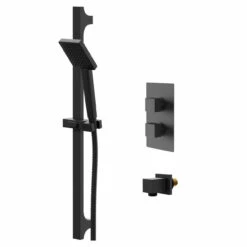 Colore Square Matt Black Concealed Twin Thermostatic Shower Valve With Square Slide Rail Kit And Square Elbow - 1 Outlet