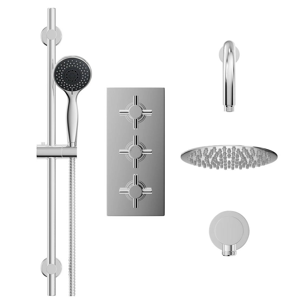 Windsor. Cross Polished Chrome Concealed Triple Thermostatic Shower Valve And 200mm Thin Round Fixed Head With Wall Arm And Clyde Slide Rail Kit With Round Elbow - 2 Outlet 4 Windsor. Cross Polished Chrome Concealed Triple Thermostatic Shower Valve And 200mm Thin Round Fixed Head With Wall Arm And Clyde Slide Rail Kit With Round Elbow - 2 Outlet - Image 2