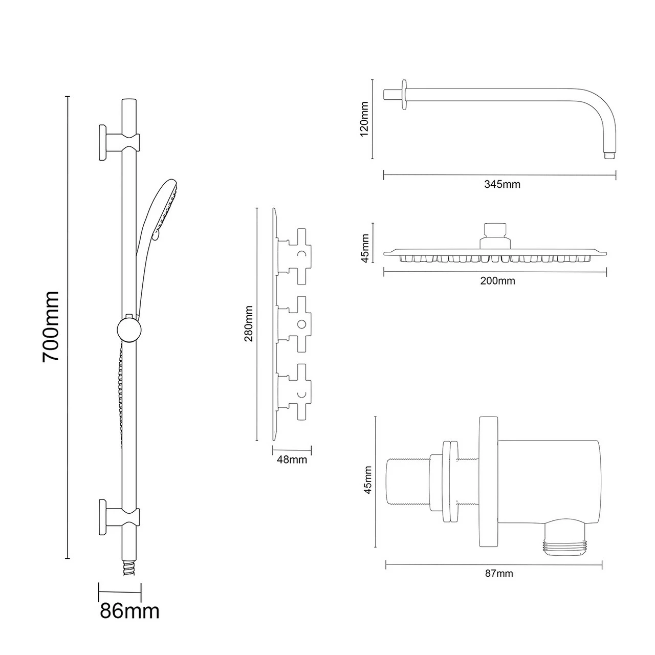 Windsor. Cross Polished Chrome Concealed Triple Thermostatic Shower Valve And 200mm Thin Round Fixed Head With Wall Arm And Clyde Slide Rail Kit With Round Elbow - 2 Outlet 7 Windsor. Cross Polished Chrome Concealed Triple Thermostatic Shower Valve And 200mm Thin Round Fixed Head With Wall Arm And Clyde Slide Rail Kit With Round Elbow - 2 Outlet - Image 5
