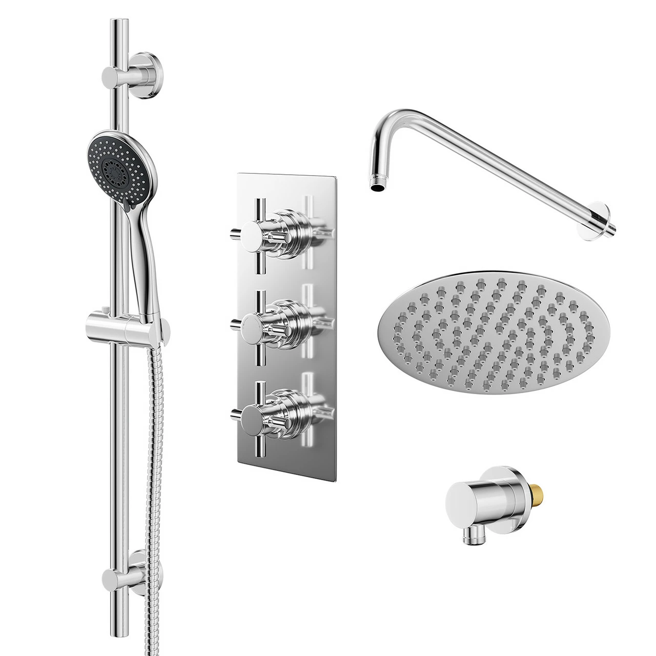 Windsor. Cross Polished Chrome Concealed Triple Thermostatic Shower Valve And 200mm Thin Round Fixed Head With Wall Arm And Clyde Slide Rail Kit With Round Elbow - 2 Outlet 3 Windsor. Cross Polished Chrome Concealed Triple Thermostatic Shower Valve And 200mm Thin Round Fixed Head With Wall Arm And Clyde Slide Rail Kit With Round Elbow - 2 Outlet