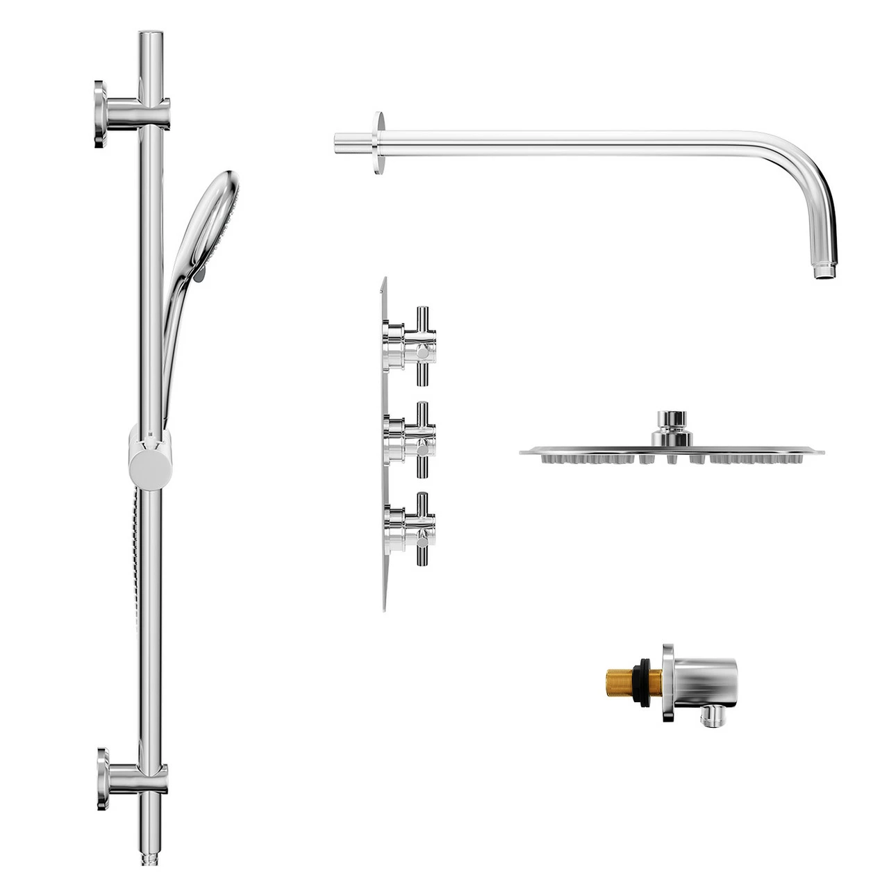 Windsor. Cross Polished Chrome Concealed Triple Thermostatic Shower Valve And 200mm Thin Round Fixed Head With Wall Arm And Clyde Slide Rail Kit With Round Elbow - 2 Outlet 6 Windsor. Cross Polished Chrome Concealed Triple Thermostatic Shower Valve And 200mm Thin Round Fixed Head With Wall Arm And Clyde Slide Rail Kit With Round Elbow - 2 Outlet - Image 4