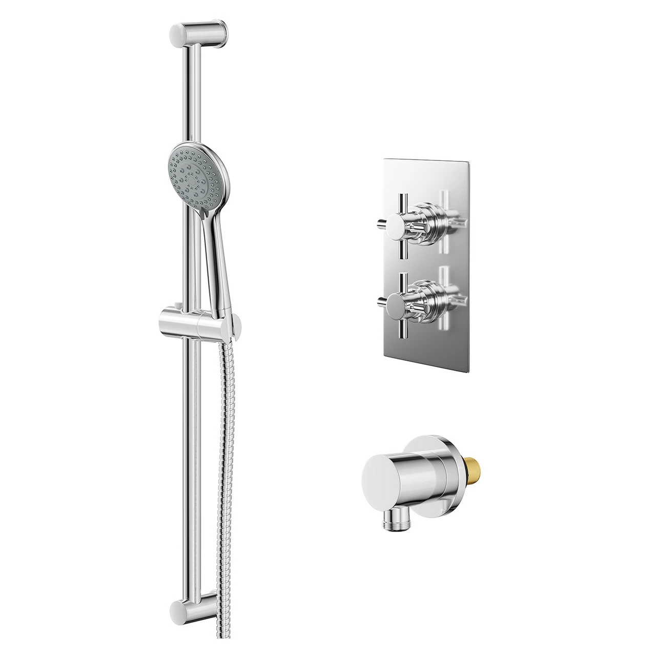 Cross Polished Chrome Concealed Twin Thermostatic Shower Valve And Sark Slide Rail Kit With Round Elbow - 1 Outlet 3 Cross Polished Chrome Concealed Twin Thermostatic Shower Valve And Sark Slide Rail Kit With Round Elbow - 1 Outlet