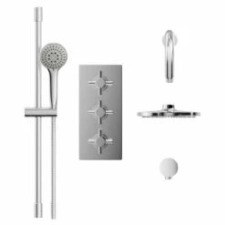Cross Polished Chrome Triple Thermostatic Valve Mixer Shower With Round Fixed Head And Avon Shower Slide Rail Kit - 2 Outlet -Wholesaledomestic Shop cross polished chrome triple thermostatic valve mixer shower with round fixed head and avon shower slide rail kit front 00268.1652445380