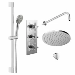 Cross Polished Chrome Triple Thermostatic Valve Mixer Shower With Round Fixed Head And Avon Shower Slide Rail Kit - 2 Outlet -Wholesaledomestic Shop cross polished chrome triple thermostatic valve mixer shower with round fixed head and avon shower slide rail kit left 31102.1652445380