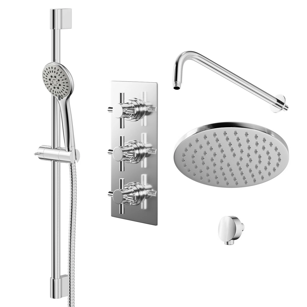 Cross Polished Chrome Triple Thermostatic Valve Mixer Shower With Round Fixed Head And Avon Shower Slide Rail Kit - 2 Outlet