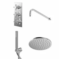 Cross Polished Chrome Triple Thermostatic Valve Mixer Shower With Round Fixed Head And Round Handset Outlet Holder - 2 Outlet