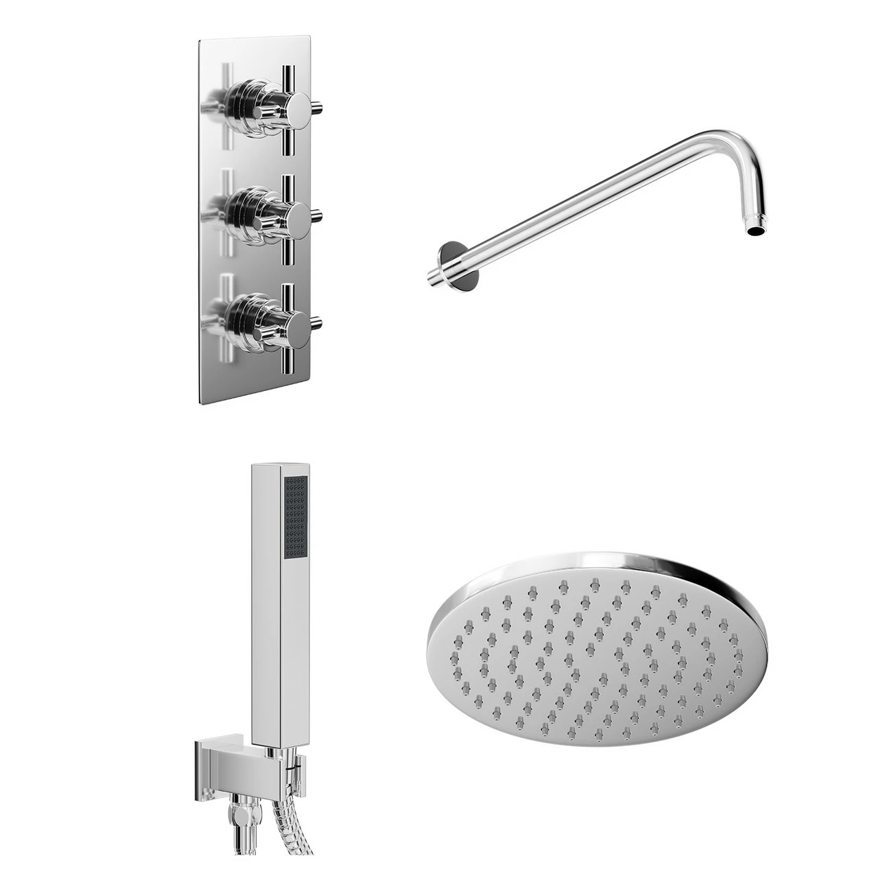 Cross Polished Chrome Triple Thermostatic Valve Mixer Shower With Round Fixed Head And Square Handset Outlet Holder - 2 Outlet 5 Cross Polished Chrome Triple Thermostatic Valve Mixer Shower With Round Fixed Head And Square Handset Outlet Holder - 2 Outlet - Image 3