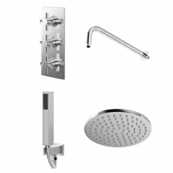 Cross Polished Chrome Triple Thermostatic Valve Mixer Shower With Round Fixed Head And Square Handset Outlet Holder - 2 Outlet