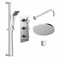 Cross Polished Chrome Triple Thermostatic Valve Mixer Shower With Round Fixed Head And Thames Shower Slide Rail Kit - 2 Outlet 10 Cross Polished Chrome Triple Thermostatic Valve Mixer Shower With Round Fixed Head And Thames Shower Slide Rail Kit - 2 Outlet -Wholesaledomestic Shop cross polished chrome triple thermostatic valve mixer shower with round fixed head and thames shower slide rail kit left 25770.1652445378