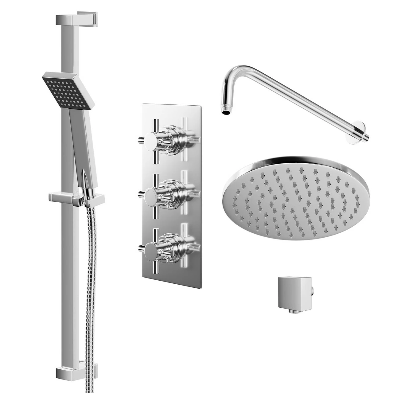 Cross Polished Chrome Triple Thermostatic Valve Mixer Shower With Round Fixed Head And Thames Shower Slide Rail Kit - 2 Outlet 3 Cross Polished Chrome Triple Thermostatic Valve Mixer Shower With Round Fixed Head And Thames Shower Slide Rail Kit - 2 Outlet