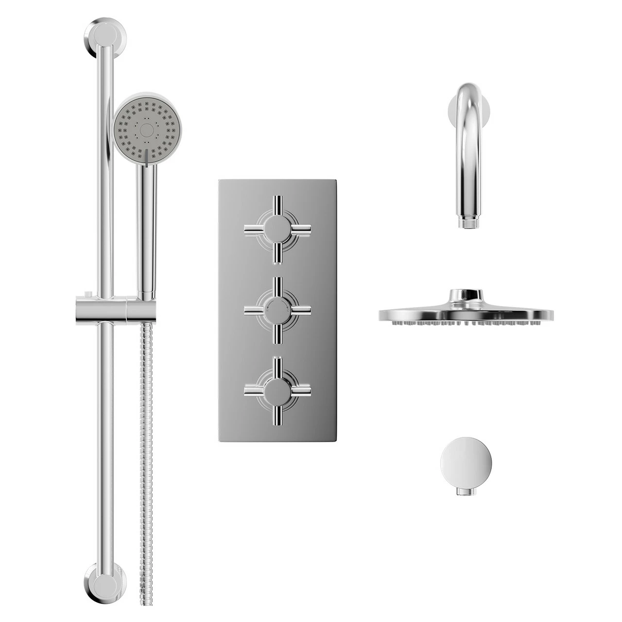 Cross Polished Chrome Triple Thermostatic Valve Mixer Shower With Round Fixed Head And Tyne Shower Slide Rail Kit - 2 Outlet 4 Cross Polished Chrome Triple Thermostatic Valve Mixer Shower With Round Fixed Head And Tyne Shower Slide Rail Kit - 2 Outlet - Image 2