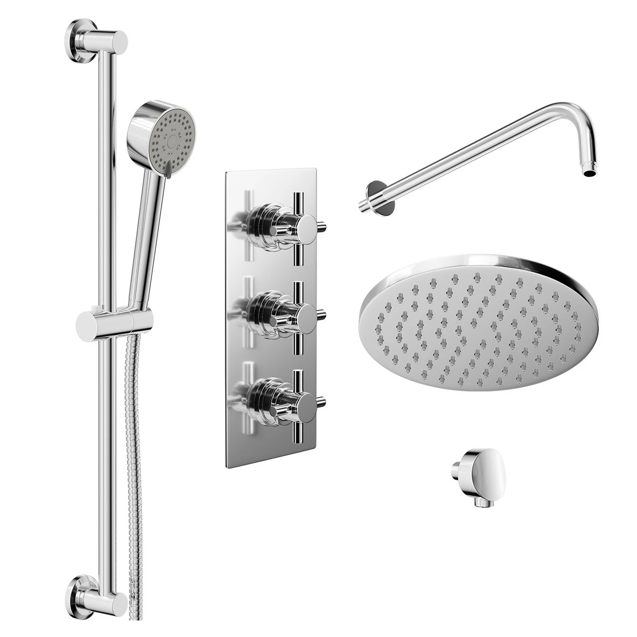 Cross Polished Chrome Triple Thermostatic Valve Mixer Shower With Round Fixed Head And Tyne Shower Slide Rail Kit - 2 Outlet 5 Cross Polished Chrome Triple Thermostatic Valve Mixer Shower With Round Fixed Head And Tyne Shower Slide Rail Kit - 2 Outlet - Image 3