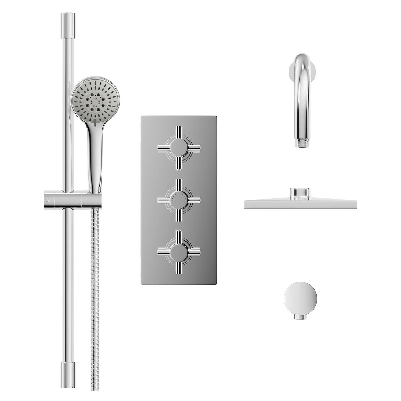 Cross Polished Chrome Triple Thermostatic Valve Mixer Shower With Square Fixed Head And Avon Shower Slide Rail Kit - 2 Outlet 4 Cross Polished Chrome Triple Thermostatic Valve Mixer Shower With Square Fixed Head And Avon Shower Slide Rail Kit - 2 Outlet - Image 2
