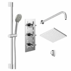 Cross Polished Chrome Triple Thermostatic Valve Mixer Shower With Square Fixed Head And Avon Shower Slide Rail Kit - 2 Outlet 10 Cross Polished Chrome Triple Thermostatic Valve Mixer Shower With Square Fixed Head And Avon Shower Slide Rail Kit - 2 Outlet -Wholesaledomestic Shop cross polished chrome triple thermostatic valve mixer shower with square fixed head and avon shower slide rail kit left 00286.1652445375