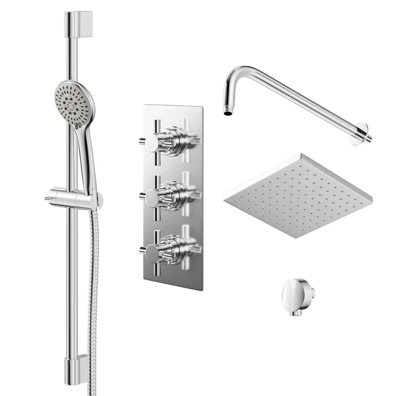 Cross Polished Chrome Triple Thermostatic Valve Mixer Shower With Square Fixed Head And Avon Shower Slide Rail Kit - 2 Outlet 3 Cross Polished Chrome Triple Thermostatic Valve Mixer Shower With Square Fixed Head And Avon Shower Slide Rail Kit - 2 Outlet