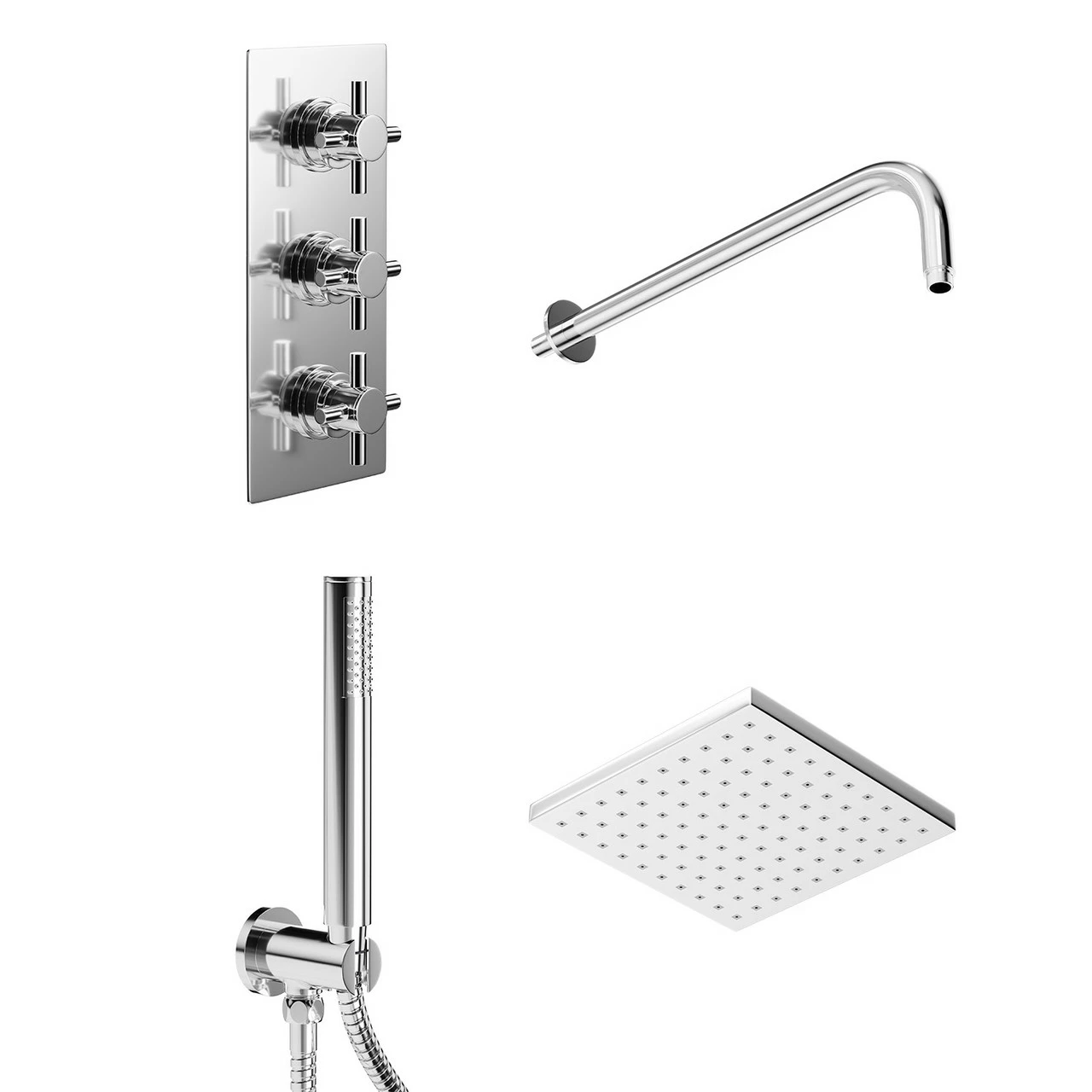 Cross Polished Chrome Triple Thermostatic Valve Mixer Shower With Square Fixed Head And Round Handset Outlet Holder - 2 Outlet 5 Cross Polished Chrome Triple Thermostatic Valve Mixer Shower With Square Fixed Head And Round Handset Outlet Holder - 2 Outlet - Image 3