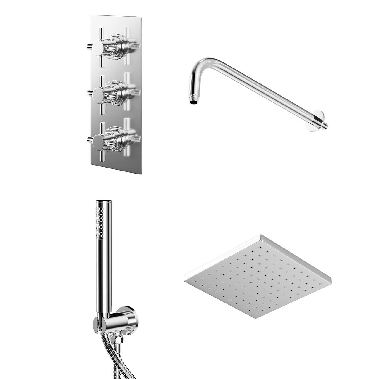 Cross Polished Chrome Triple Thermostatic Valve Mixer Shower With Square Fixed Head And Round Handset Outlet Holder - 2 Outlet 3 Cross Polished Chrome Triple Thermostatic Valve Mixer Shower With Square Fixed Head And Round Handset Outlet Holder - 2 Outlet