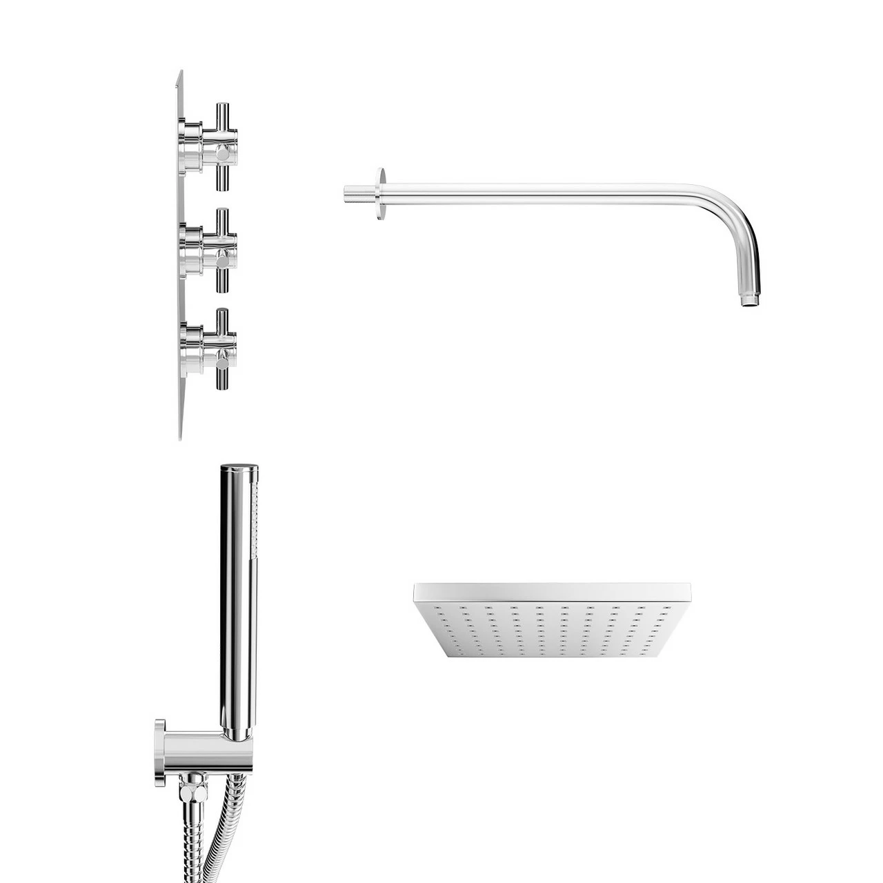 Cross Polished Chrome Triple Thermostatic Valve Mixer Shower With Square Fixed Head And Round Handset Outlet Holder - 2 Outlet 6 Cross Polished Chrome Triple Thermostatic Valve Mixer Shower With Square Fixed Head And Round Handset Outlet Holder - 2 Outlet - Image 4