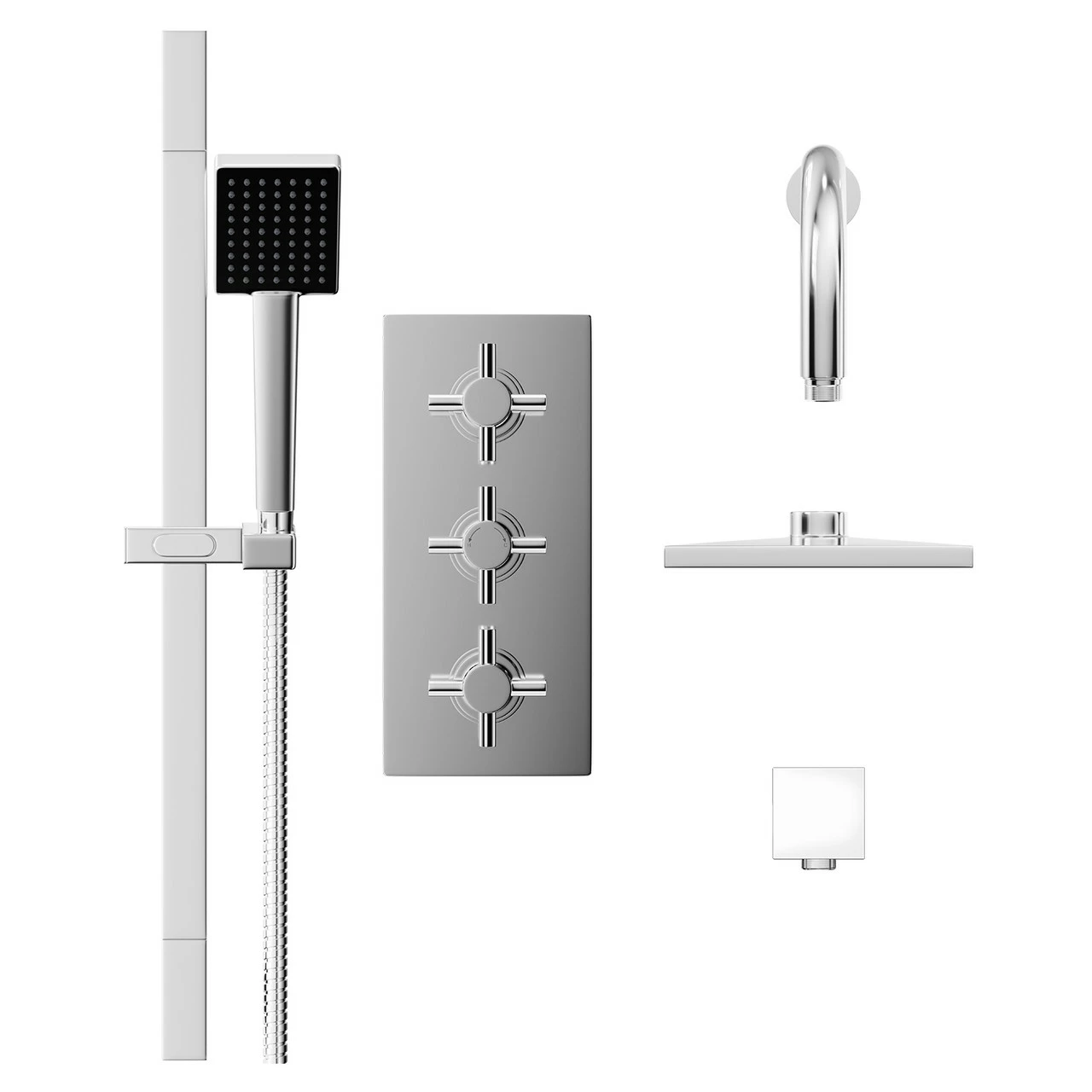 Cross Polished Chrome Triple Thermostatic Valve Mixer Shower With Square Fixed Head And Severn Shower Slide Rail Kit - 2 Outlet 4 Cross Polished Chrome Triple Thermostatic Valve Mixer Shower With Square Fixed Head And Severn Shower Slide Rail Kit - 2 Outlet - Image 2