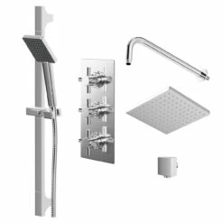 Cross Polished Chrome Triple Thermostatic Valve Mixer Shower With Square Fixed Head And Severn Shower Slide Rail Kit - 2 Outlet