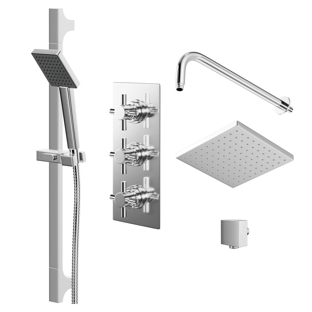 Cross Polished Chrome Triple Thermostatic Valve Mixer Shower With Square Fixed Head And Severn Shower Slide Rail Kit - 2 Outlet 3 Cross Polished Chrome Triple Thermostatic Valve Mixer Shower With Square Fixed Head And Severn Shower Slide Rail Kit - 2 Outlet