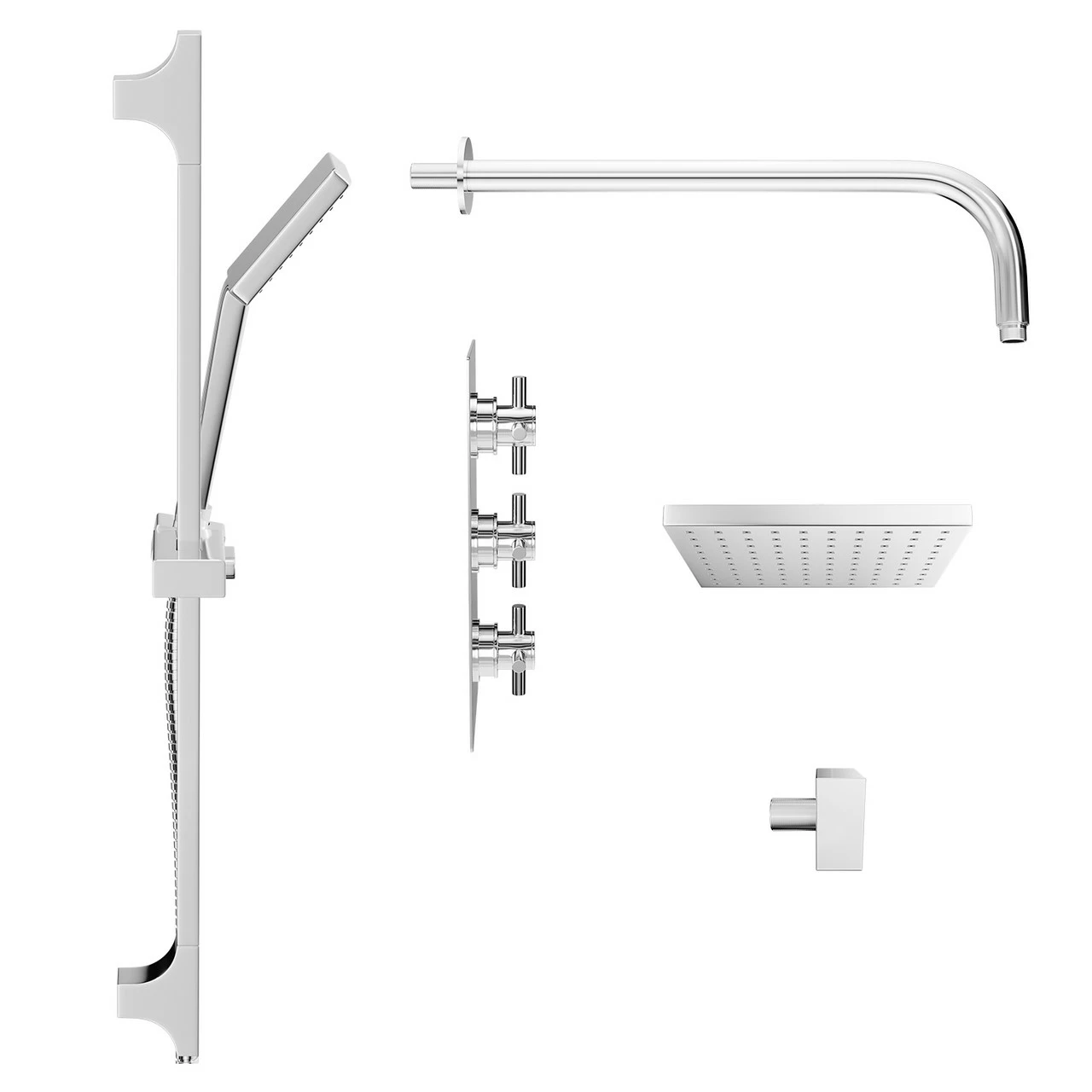 Cross Polished Chrome Triple Thermostatic Valve Mixer Shower With Square Fixed Head And Severn Shower Slide Rail Kit - 2 Outlet 6 Cross Polished Chrome Triple Thermostatic Valve Mixer Shower With Square Fixed Head And Severn Shower Slide Rail Kit - 2 Outlet - Image 4