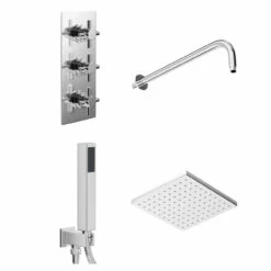 Cross Polished Chrome Triple Thermostatic Valve Mixer Shower With Square Fixed Head And Square Handset Outlet Holder - 2 Outlet -Wholesaledomestic Shop cross polished chrome triple thermostatic valve mixer shower with square fixed head and square handset outlet holder left 39554.1652445372