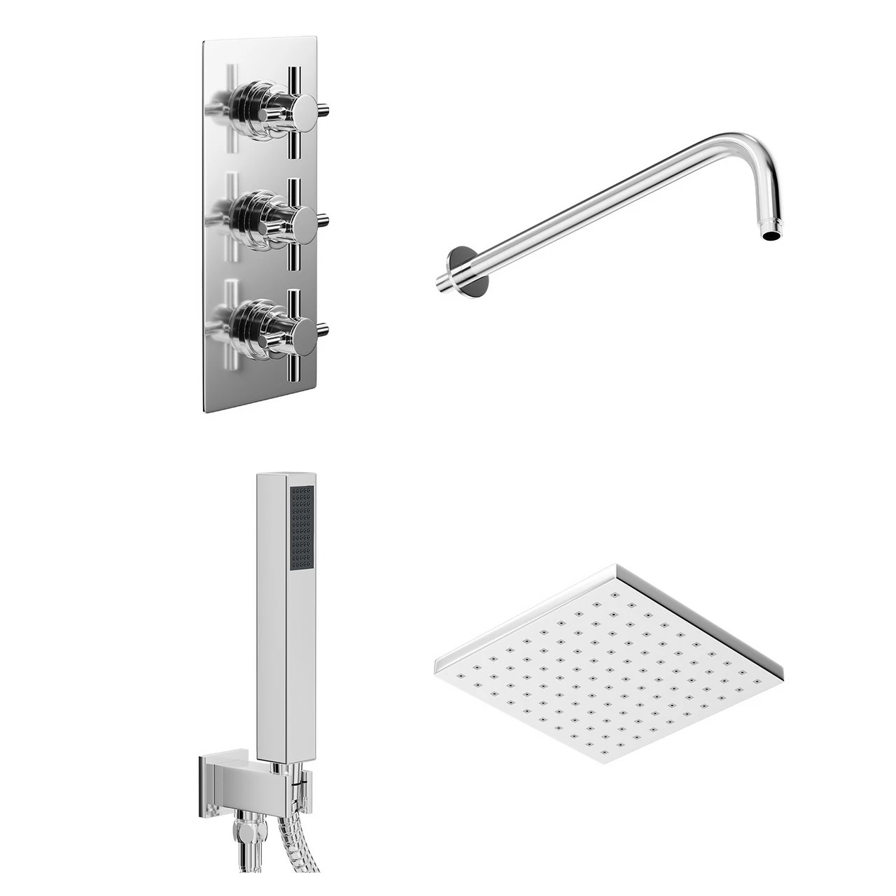 Cross Polished Chrome Triple Thermostatic Valve Mixer Shower With Square Fixed Head And Square Handset Outlet Holder - 2 Outlet - Image 3