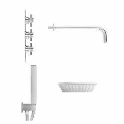 Cross Polished Chrome Triple Thermostatic Valve Mixer Shower With Square Fixed Head And Square Handset Outlet Holder - 2 Outlet -Wholesaledomestic Shop cross polished chrome triple thermostatic valve mixer shower with square fixed head and square handset outlet holder side 15474.1652445372
