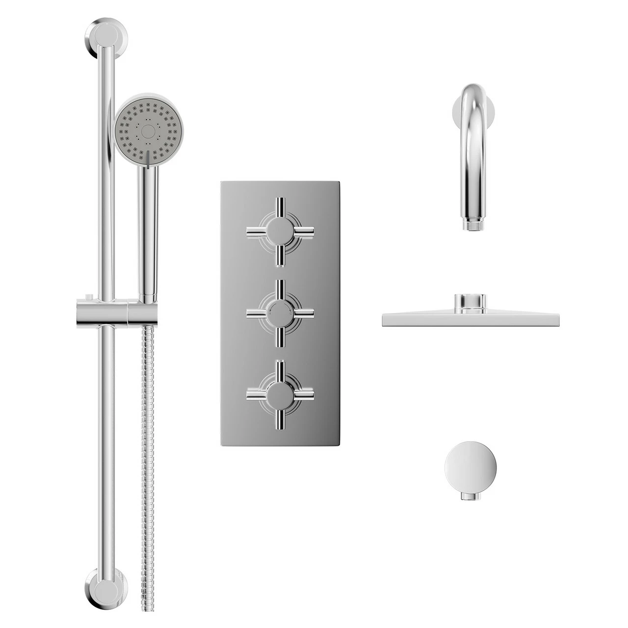 Cross Polished Chrome Triple Thermostatic Valve Mixer Shower With Square Fixed Head And Tyne Shower Slide Rail Kit - 2 Outlet 4 Cross Polished Chrome Triple Thermostatic Valve Mixer Shower With Square Fixed Head And Tyne Shower Slide Rail Kit - 2 Outlet - Image 2