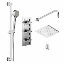 Cross Polished Chrome Triple Thermostatic Valve Mixer Shower With Square Fixed Head And Tyne Shower Slide Rail Kit - 2 Outlet 10 Cross Polished Chrome Triple Thermostatic Valve Mixer Shower With Square Fixed Head And Tyne Shower Slide Rail Kit - 2 Outlet -Wholesaledomestic Shop cross polished chrome triple thermostatic valve mixer shower with square fixed head and tyne shower slide rail kit left 55458.1652445375