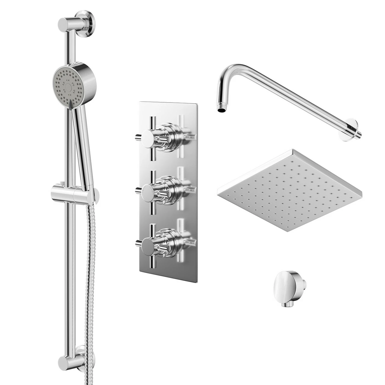 Cross Polished Chrome Triple Thermostatic Valve Mixer Shower With Square Fixed Head And Tyne Shower Slide Rail Kit - 2 Outlet 3 Cross Polished Chrome Triple Thermostatic Valve Mixer Shower With Square Fixed Head And Tyne Shower Slide Rail Kit - 2 Outlet
