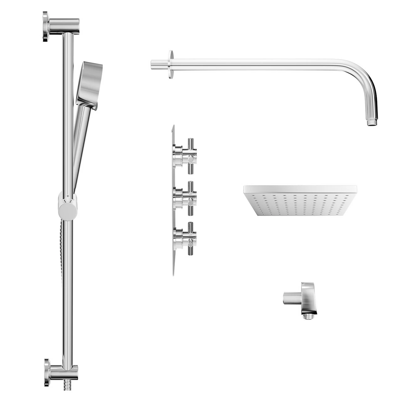 Cross Polished Chrome Triple Thermostatic Valve Mixer Shower With Square Fixed Head And Tyne Shower Slide Rail Kit - 2 Outlet 6 Cross Polished Chrome Triple Thermostatic Valve Mixer Shower With Square Fixed Head And Tyne Shower Slide Rail Kit - 2 Outlet - Image 4