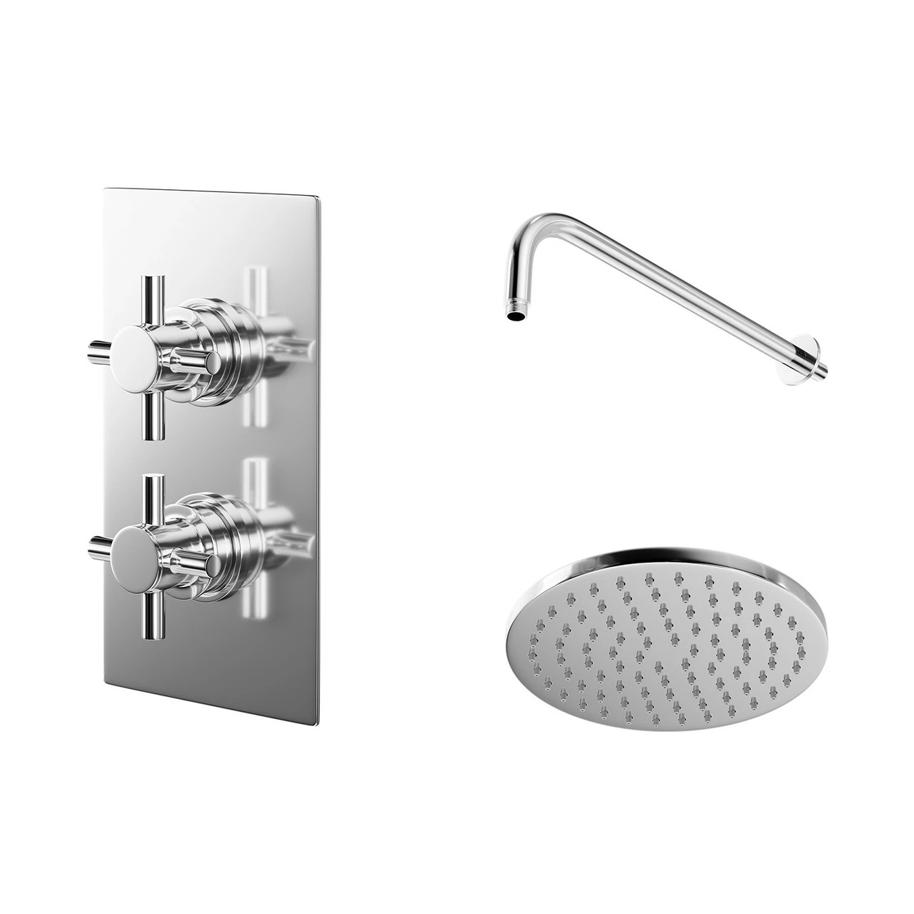 Windsor. Cross Polished Chrome Twin Thermostatic Valve Mixer Shower With Round Shower Head And Wall Arm - 1 Outlet 3 Windsor. Cross Polished Chrome Twin Thermostatic Valve Mixer Shower With Round Shower Head And Wall Arm - 1 Outlet