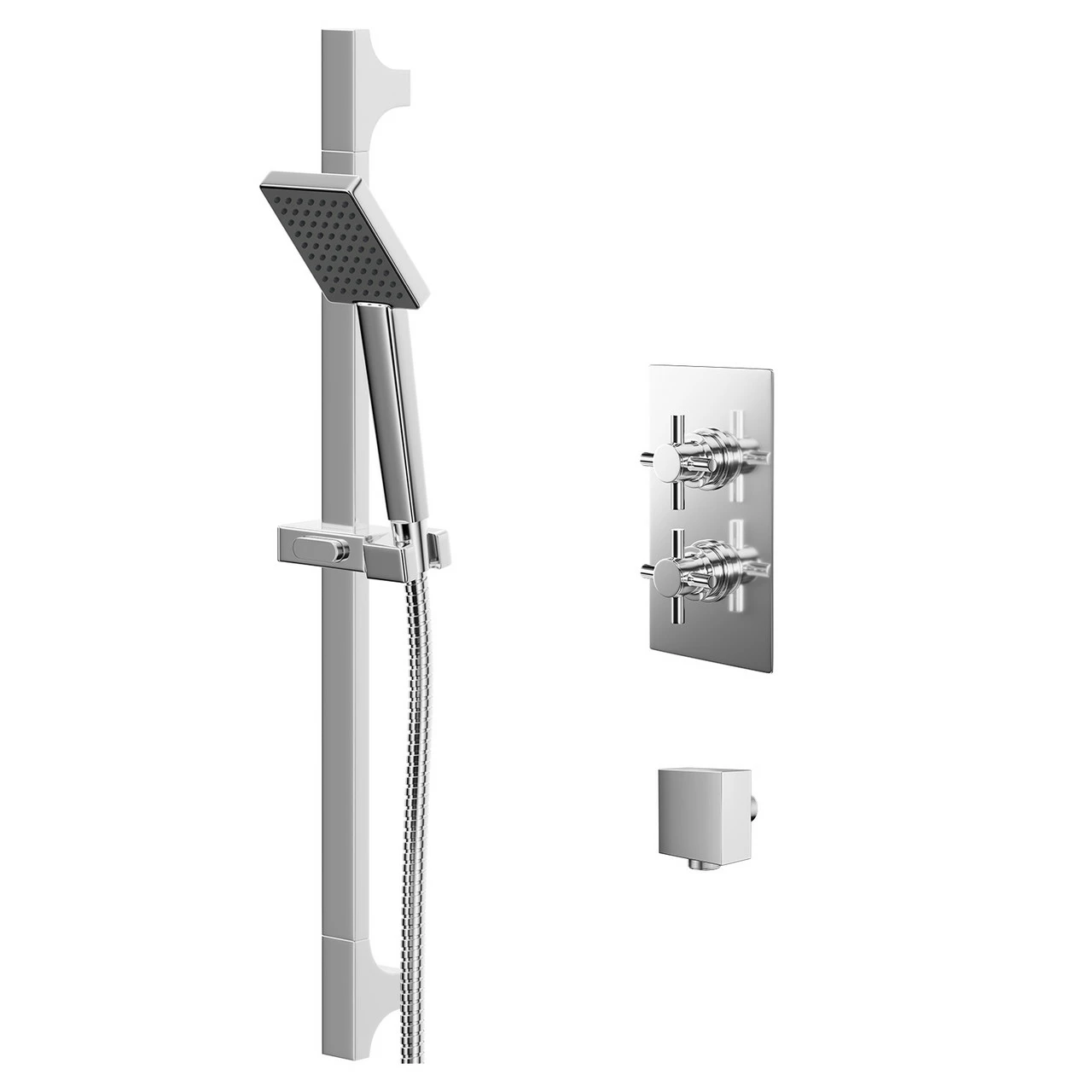 Cross Polished Chrome Twin Thermostatic Valve Mixer Shower With Severn Slide Rail Kit And Square Shower Elbow - 1 Outlet 3 Cross Polished Chrome Twin Thermostatic Valve Mixer Shower With Severn Slide Rail Kit And Square Shower Elbow - 1 Outlet