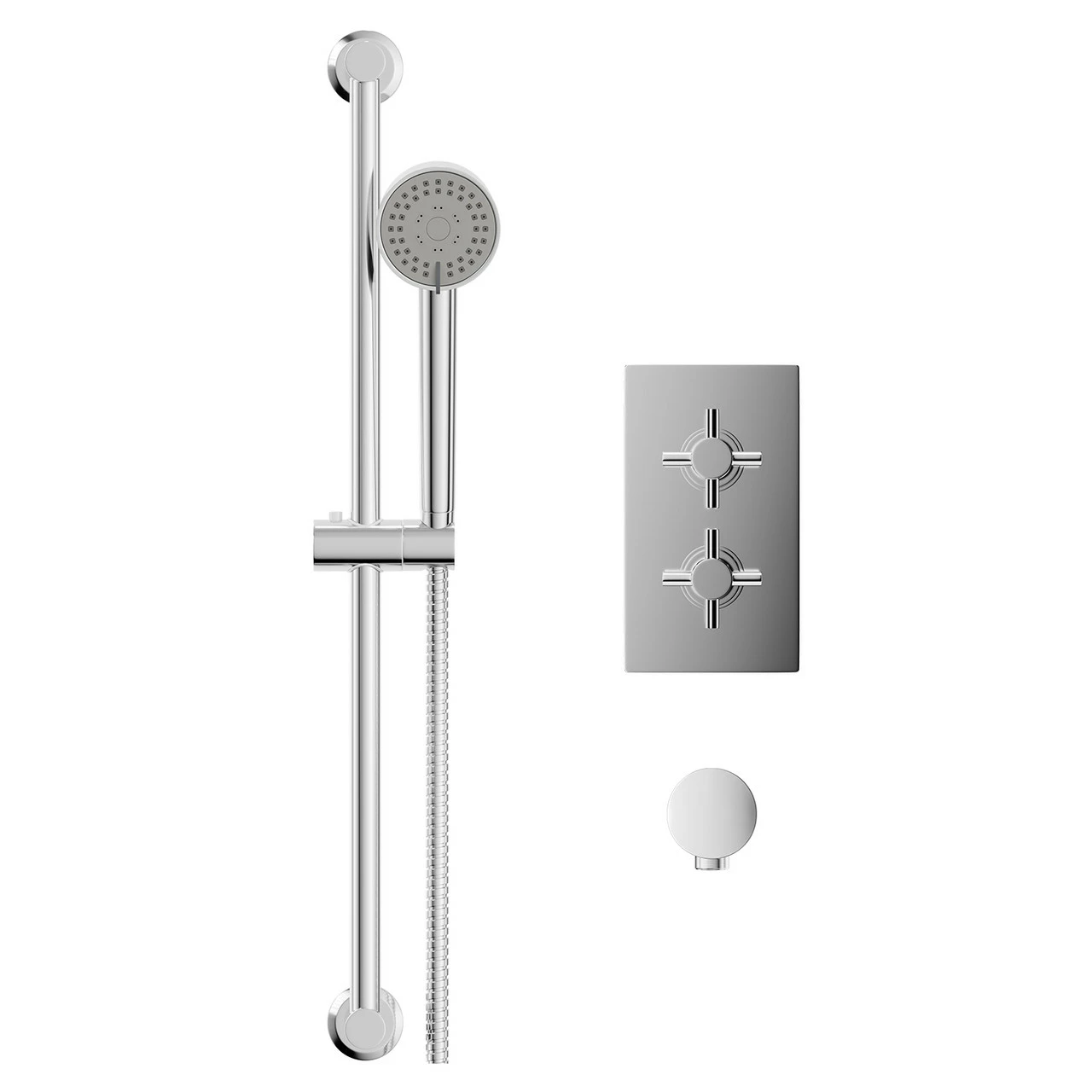Cross Polished Chrome Twin Thermostatic Valve Mixer Shower With Tyne Slide Rail Kit And Round Shower Elbow - 1 Outlet - Image 2
