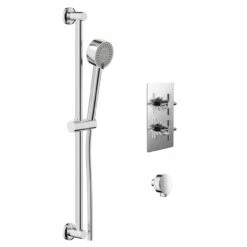Cross Polished Chrome Twin Thermostatic Valve Mixer Shower With Tyne Slide Rail Kit And Round Shower Elbow - 1 Outlet -Wholesaledomestic Shop cross polished chrome twin thermostatic valve mixer shower with tyne slide rail kit and round shower elbow left 30661.1652445400