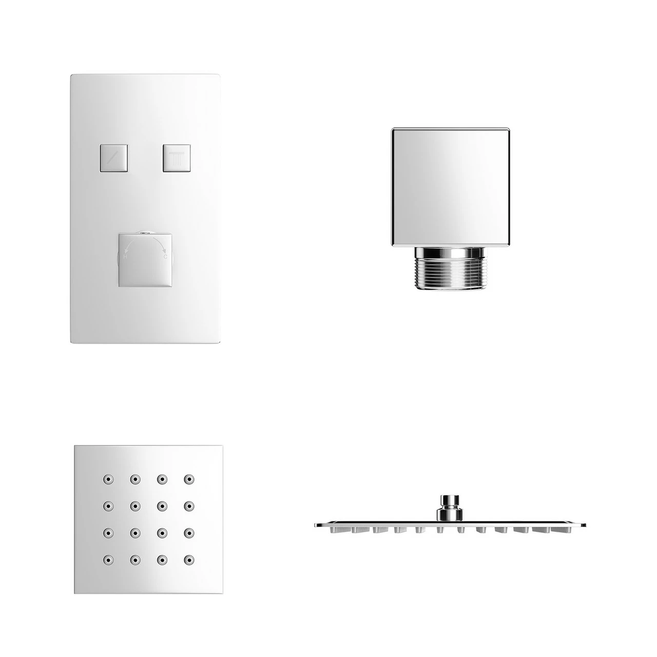 Cubix Polished Chrome Concealed Push Button Twin Thermostatic Shower Valve With Square Fixed Head And Body Jets - 2 Outlet 4 Cubix Polished Chrome Concealed Push Button Twin Thermostatic Shower Valve With Square Fixed Head And Body Jets - 2 Outlet - Image 2