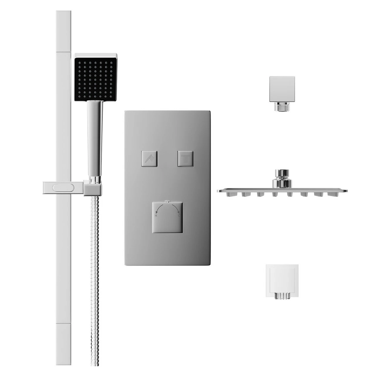 Cubix Polished Chrome Concealed Push Button Twin Thermostatic Shower Valve With Square Fixed Shower Head And Severn Slide Rail Kit - 2 Outlet 4 Cubix Polished Chrome Concealed Push Button Twin Thermostatic Shower Valve With Square Fixed Shower Head And Severn Slide Rail Kit - 2 Outlet - Image 2